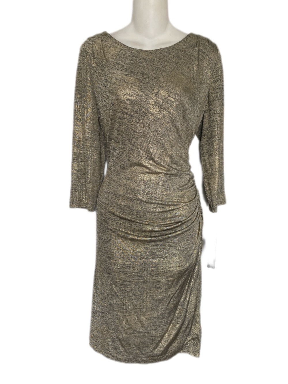 NWT Tahari Amanda Taupe Gold Metallic Ruched Sheath Dress 12